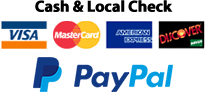 Cash & Local Check with images of Visa, Mastercard, American Express, Discover and Pay Pal